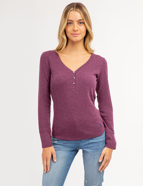 LONG SLEEVE WAFFLE KNIT HENLEY TOP WITH RHINESTONE BUTTONS - U.S. Polo Assn.