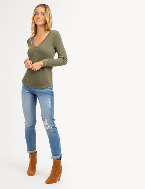 LONG SLEEVE WAFFLE KNIT HENLEY TOP WITH RHINESTONE BUTTONS - U.S. Polo Assn.