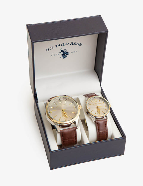 HIS AND HERS BROWN STRAP WATCH SET - U.S. Polo Assn.
