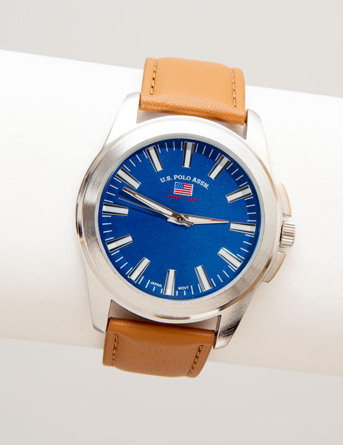 MEN'S CAMEL STRAP WATCH WITH BLUE DIAL - U.S. Polo Assn.