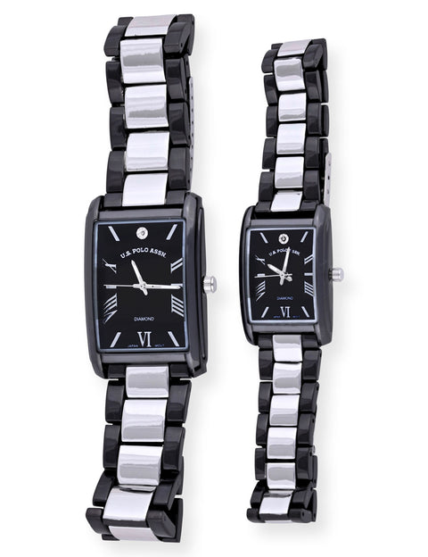HIS AND HERS BLACK AND SILVER DIAMOND WATCH SET - U.S. Polo Assn.
