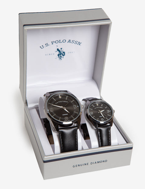 HIS AND HERS BLACK STRAP DIAMOND WATCH SET - U.S. Polo Assn.