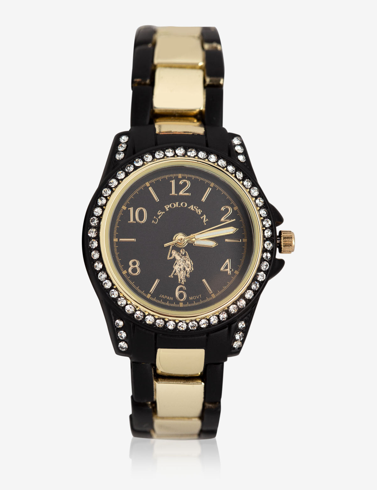 USPA WOMEN'S RHINESTONE, BLACK & GOLD TONE WATCH– U.S. Polo Assn.