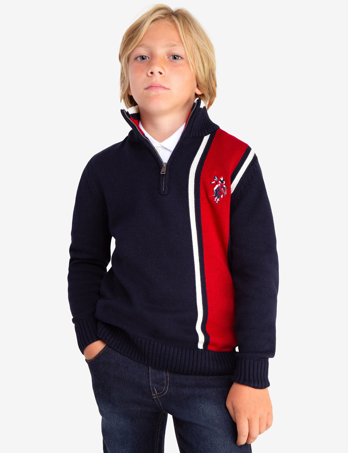 すとらいぷ QUARTER ZIP VERTICAL STRIPED SWEATER– U.S. Polo Assn.