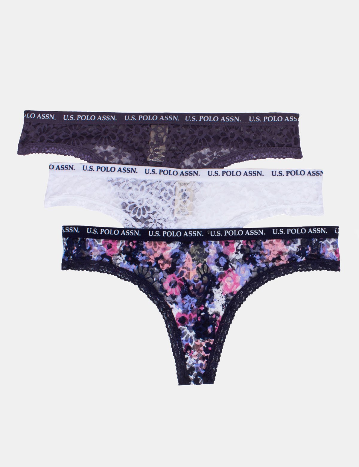 Buy U.S. Polo Assn. Womens 3 Pack Hi-Cut Lace Trimmed Panties with Elastic  Waistband Grey, Black, White Small at